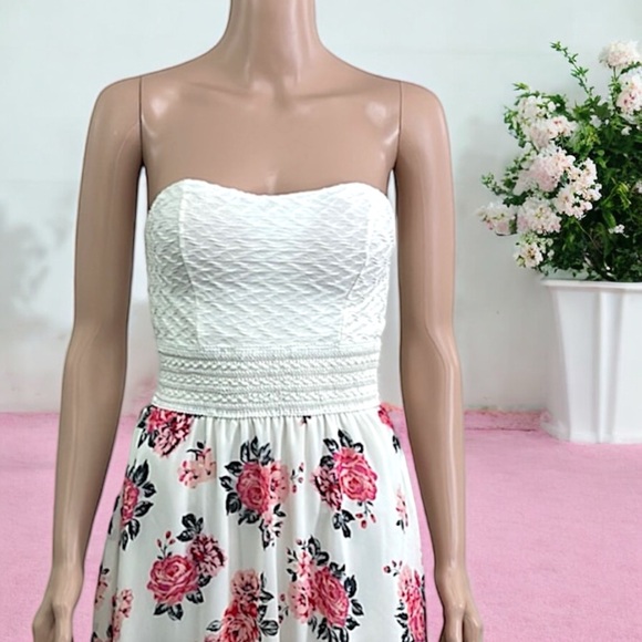 No Boundaries Strapless Floral Print Flowy Asymmetrical Chiffon Skirt Dress - Picture 7 of 16